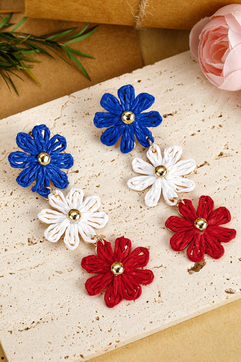 Blue Crochet Flowers Stud Dangle Earrings