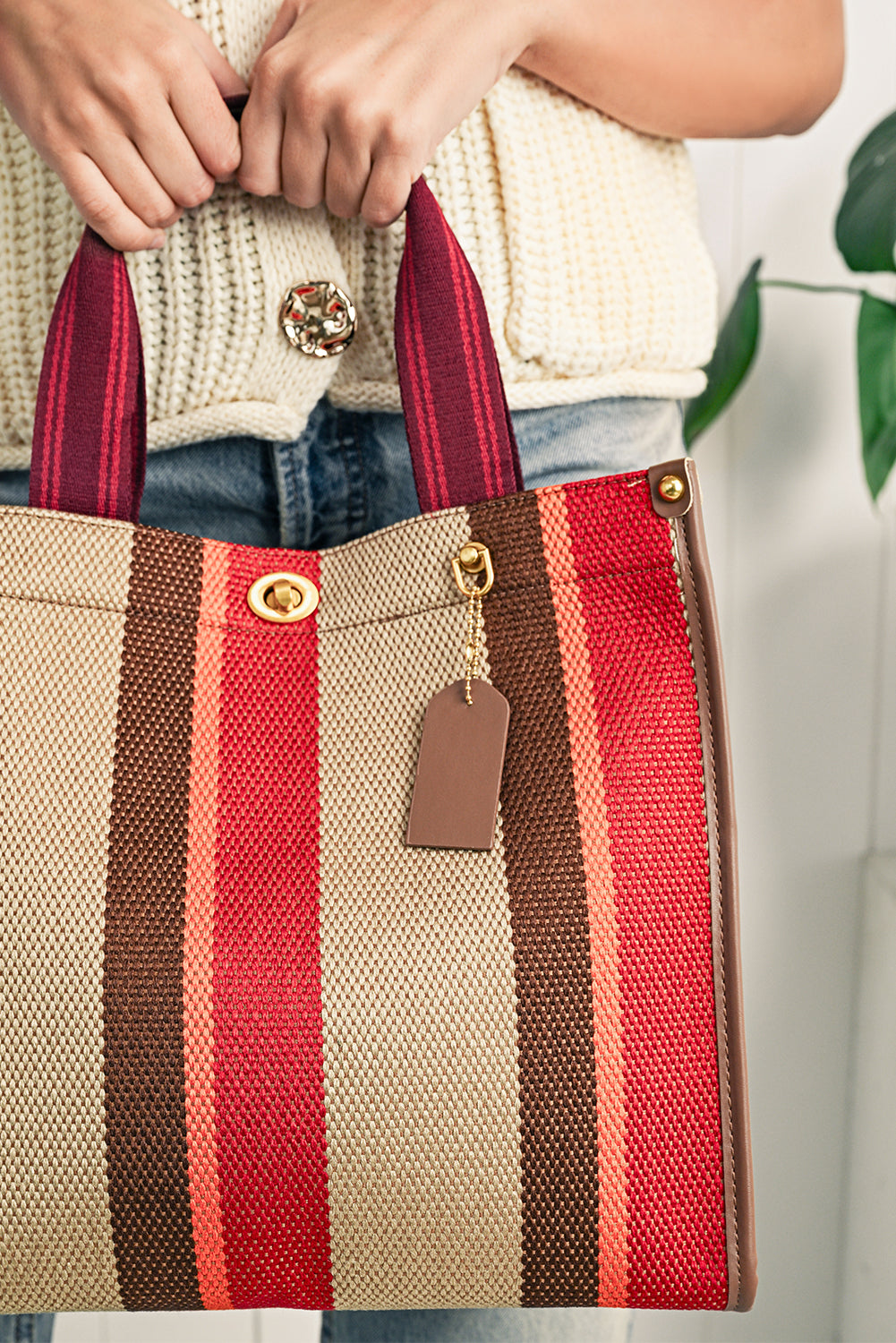 Coffee Random Cutting Color Block Canvas Large Tote Bag