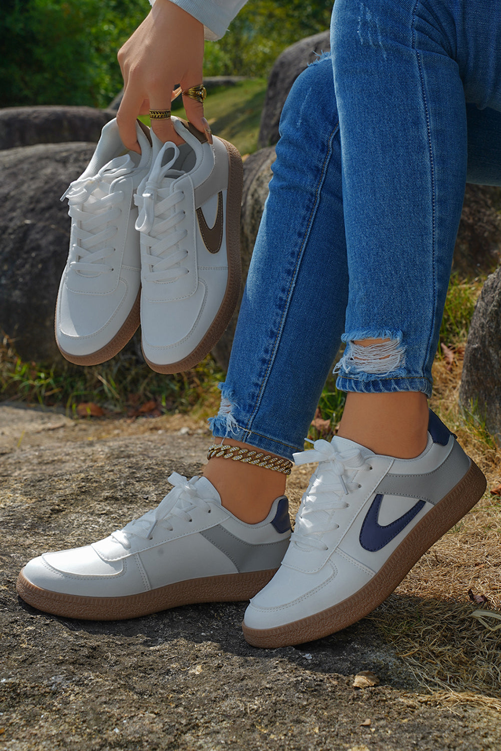 Navy Blue Color Contrast PU Leather Lace-up Sneakers
