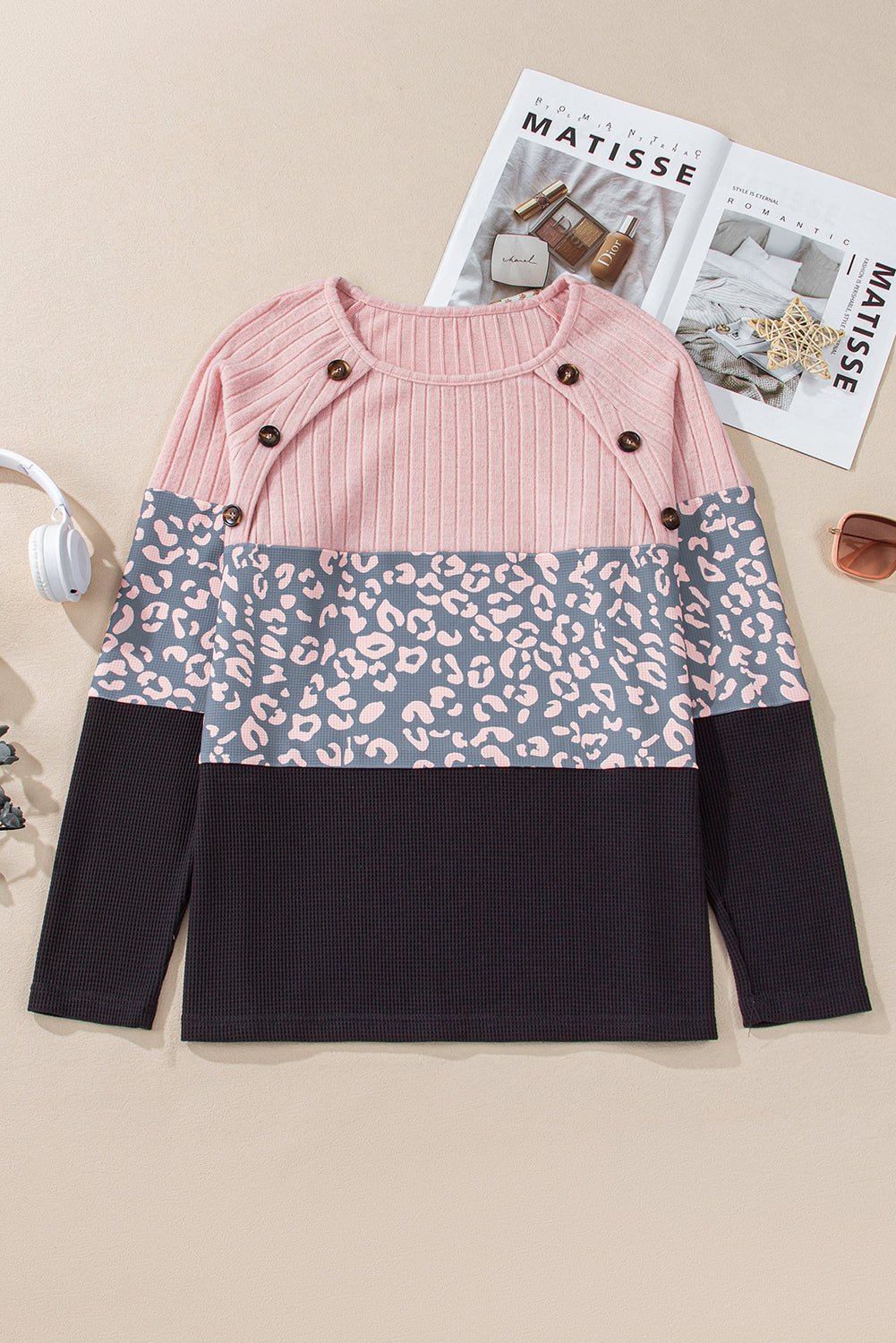 Pink Cheetah Textured Patchwork Buttoned Round Neck T Shirt