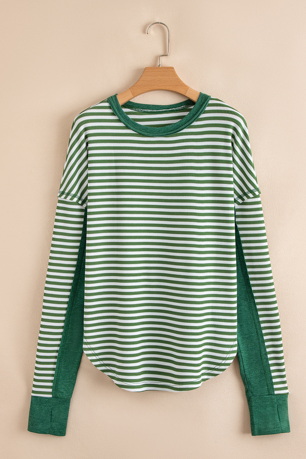 Green Stripe Thermal Knit Drop Shoulder Casual Top