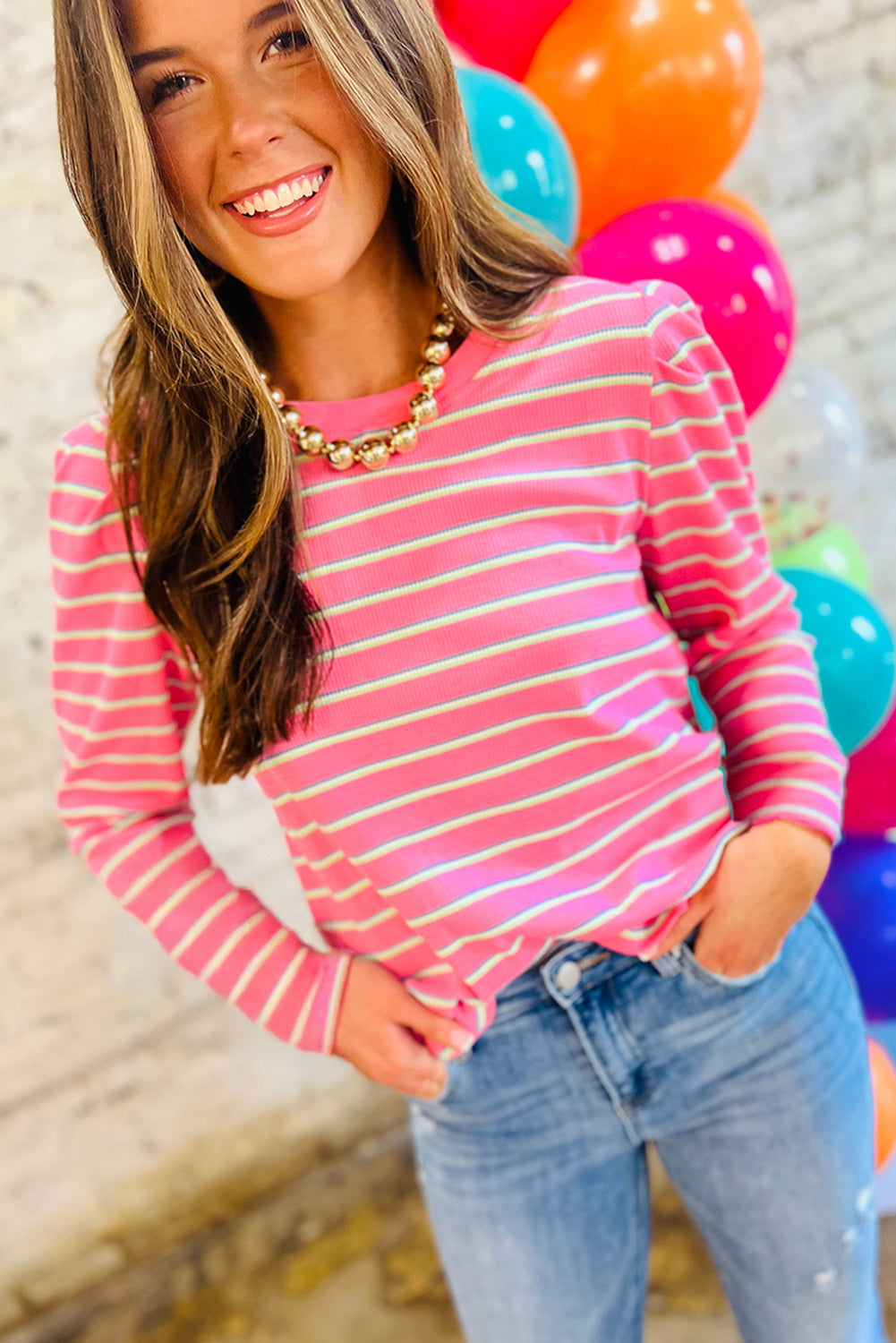 Rose Stripe Textured Knit Round Neck Long Sleeve Top