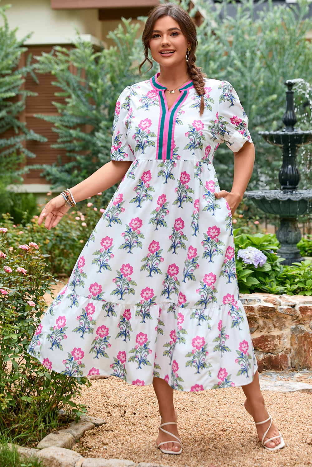 White Allover Print Contrast Split Neckline Short Puff Sleeve Curvy Dress