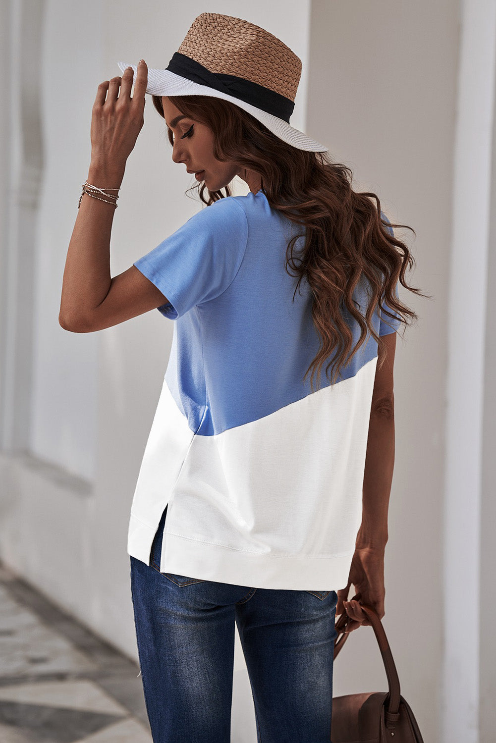 Sky Blue Crew Neck Colorblock Tee