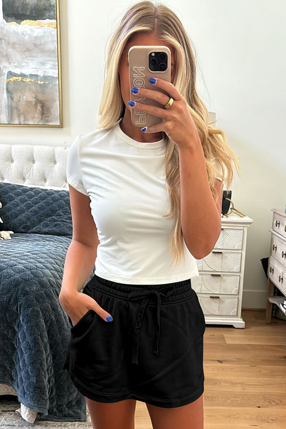 Black French Terry Drawstring Elastic Waistband Mini Skort with Pockets