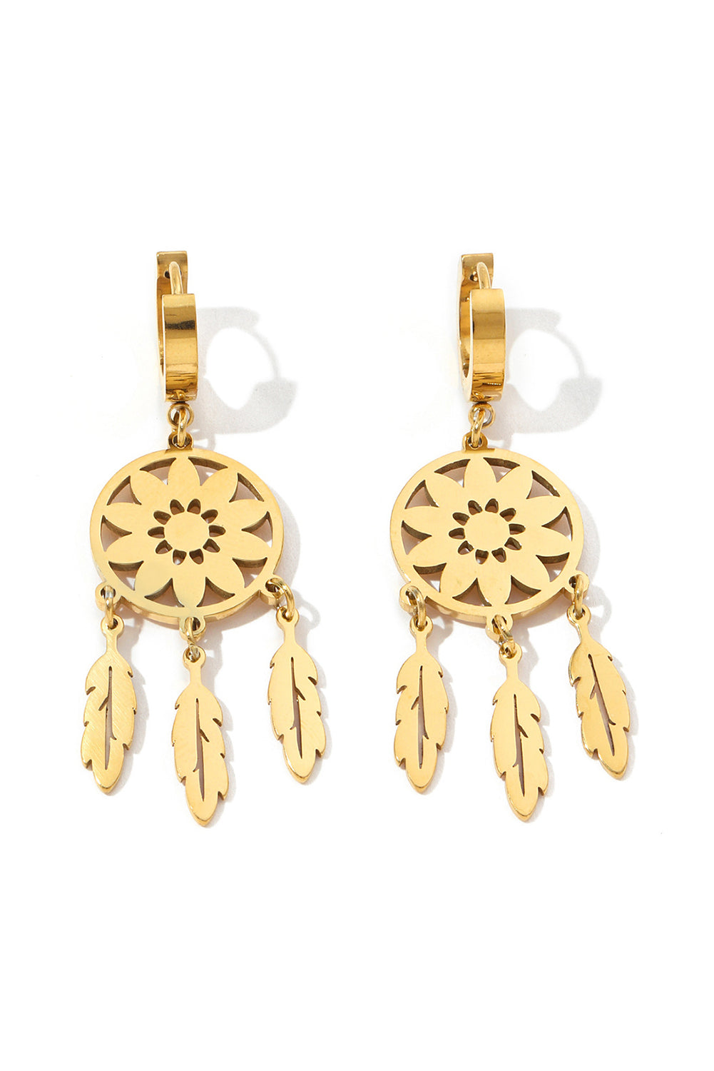 Gold Dream Catcher Feather Fringed Alloy Dangle Earrings