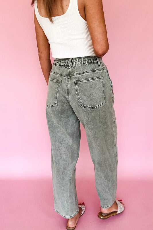 Gray Acid Wash Barrel Fit Denim Pants with Waist String