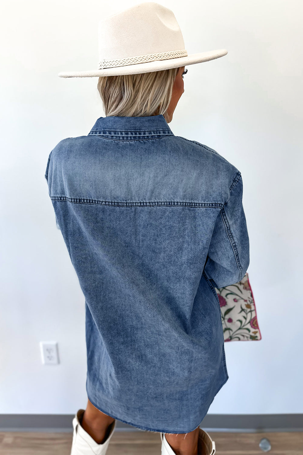 Blue Beau Chest Pocket Raw Hem Denim Loose Shirt Dress