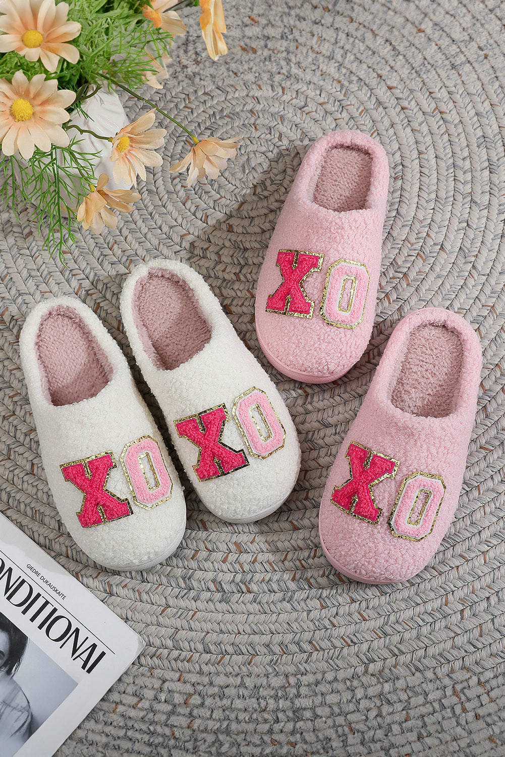 Pink XO XO Glitter Trim Letter Patched Plush House Slippers