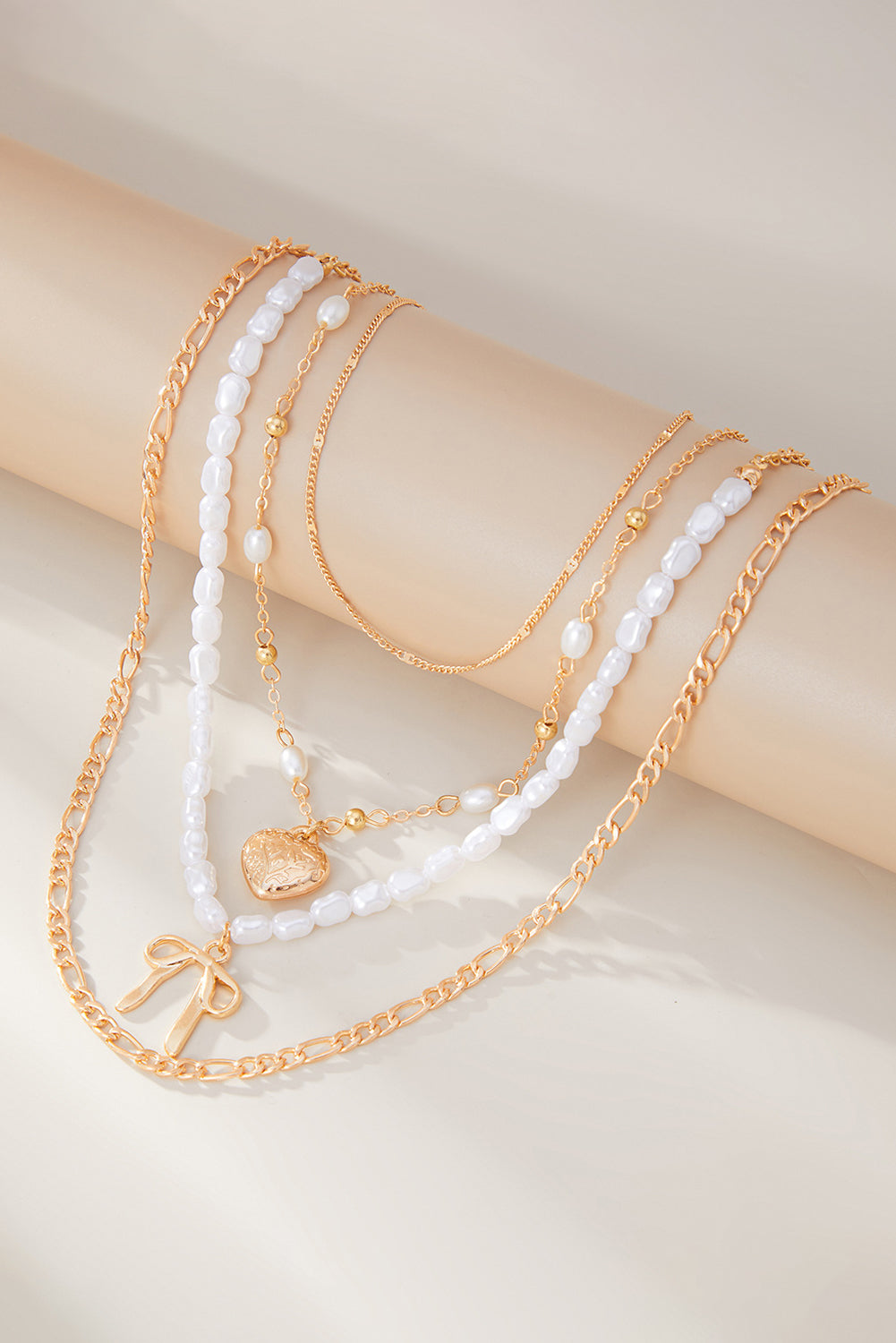 Gold Bow Heart Pendant Pearl Chaining Plated Necklace