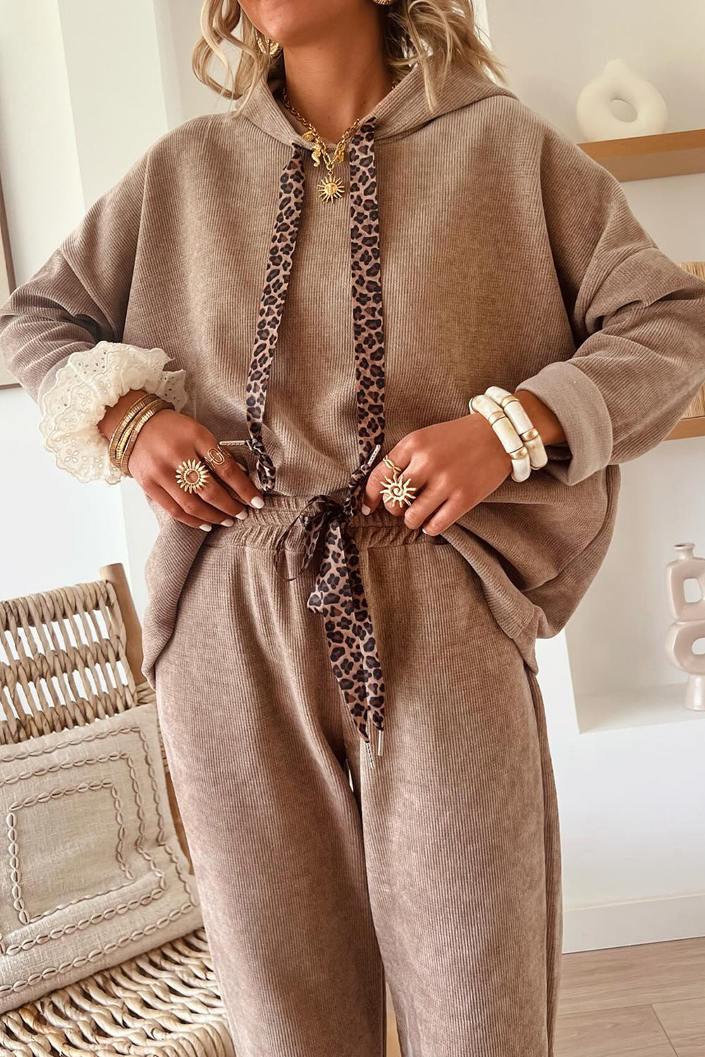 Dark Khaki Leopard Drawstring Pullover Hoodie and High Waist Pants Corduroy Suit