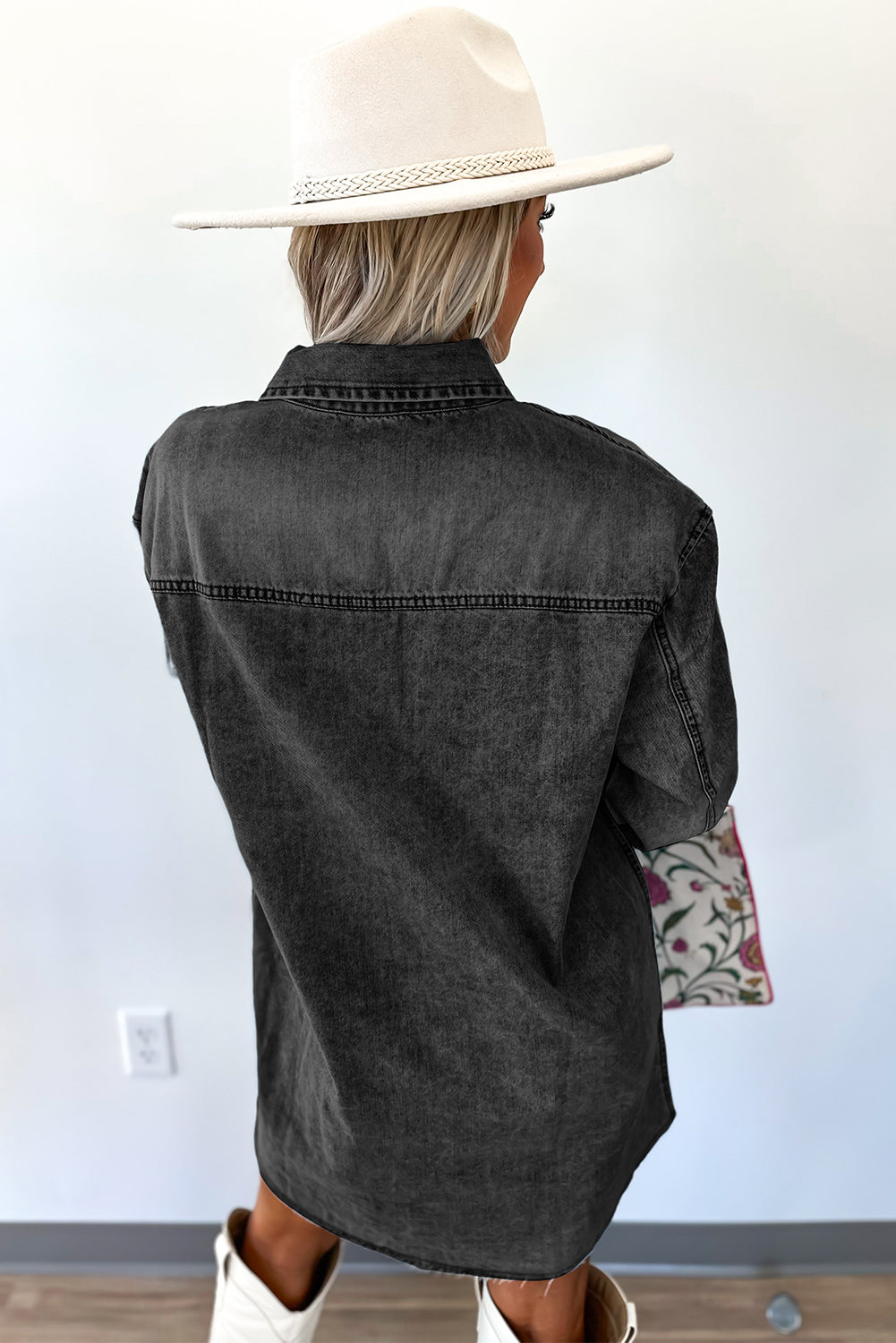 Medium Grey Beau Chest Pocket Raw Hem Denim Loose Shirt Dress