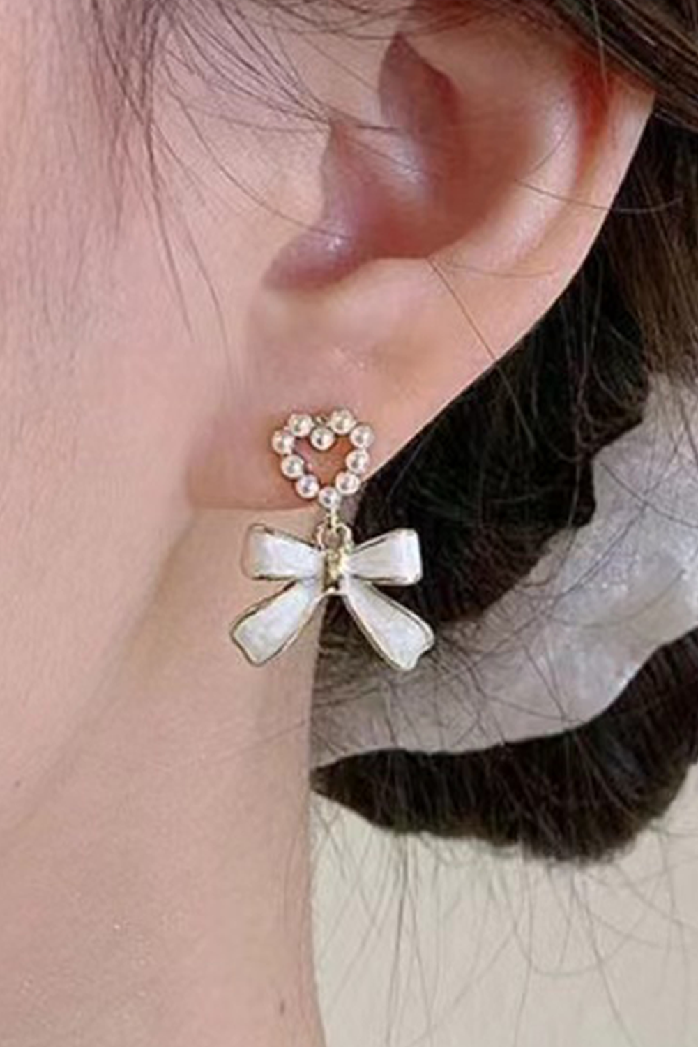Gold Pearled Heart Shape Bow Knot Dangle Earrings