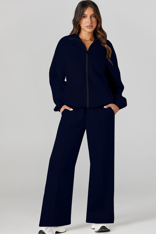 Navy Blue Drop Shoulder Zip Up Jacket Drawstring Pants Active 2pcs Set