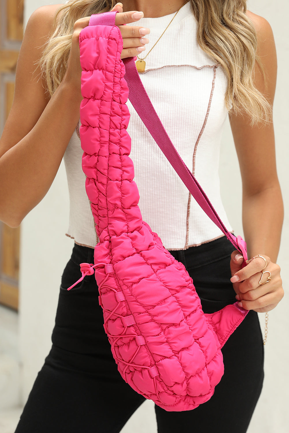 Bright Pink Marshmallow Quilted Drawstring Decor Sling Bag