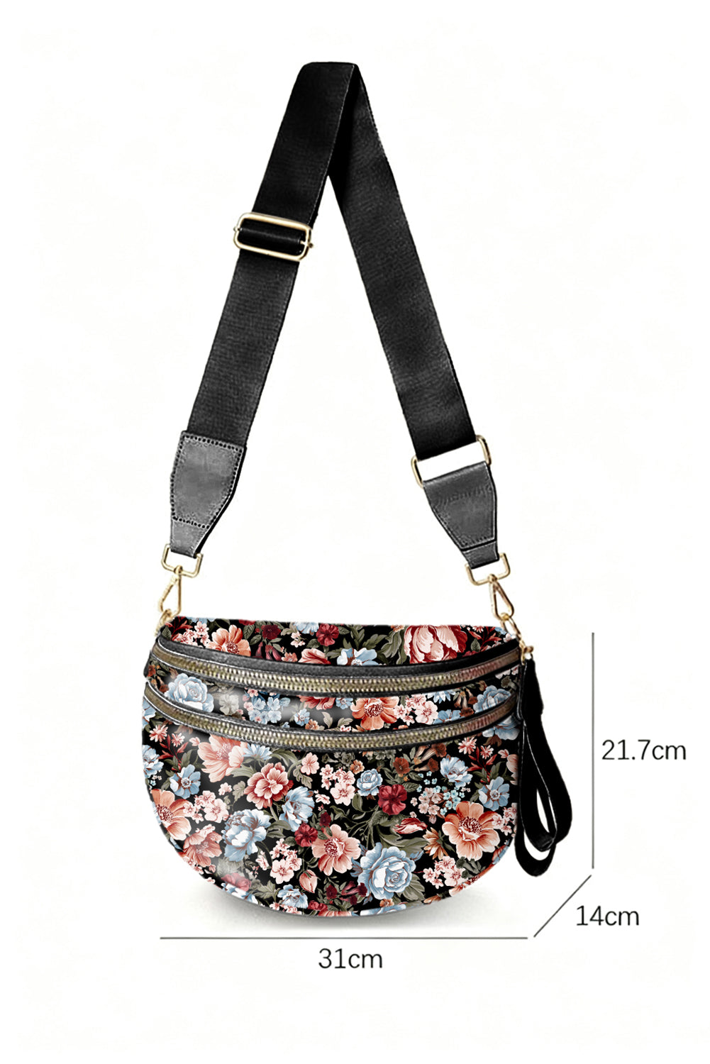 Color black Floral Printed Double Zip PU Leather Crossbody Bag