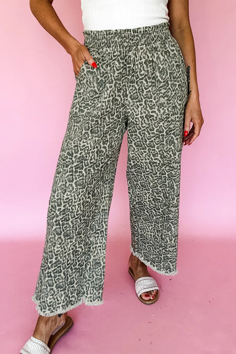 Brown Leopard Print Raw Hem Elastic Waist Loose Pull On Jeans