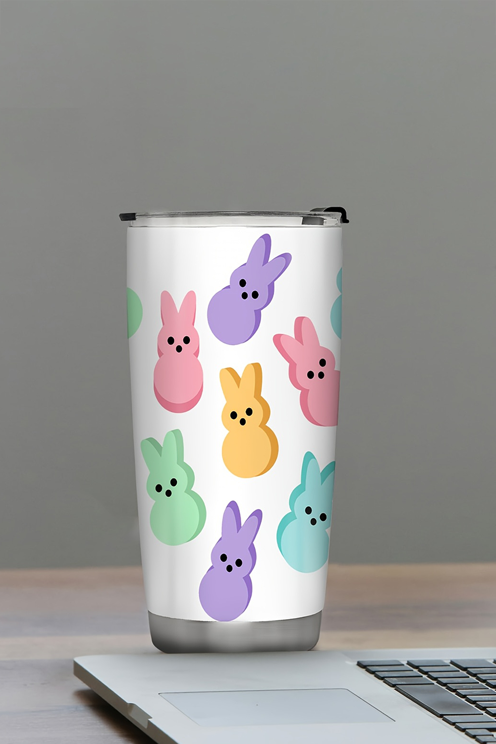 White Cute Bunny Printed Stainless Steel Thermal Vacuum Cup 20oz