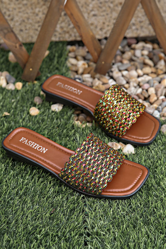 Red Dahlia Glitter Braided Square Toe PU Leather Slippers