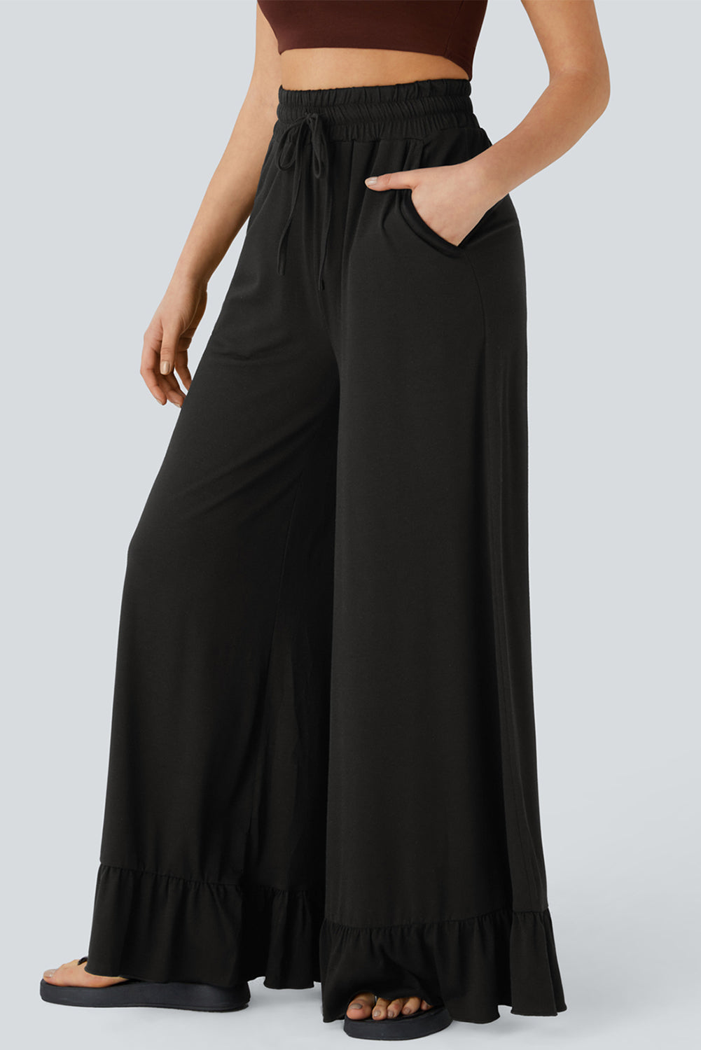 Black Ruffled Wide Leg Pull On High Waist Pants with Pockets
