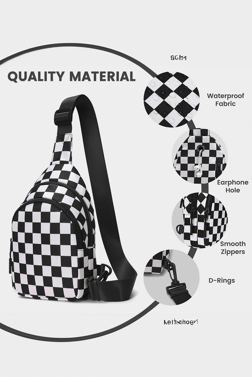 Black Checkered Print Zip Front Sling Backpack Crossbody Bag