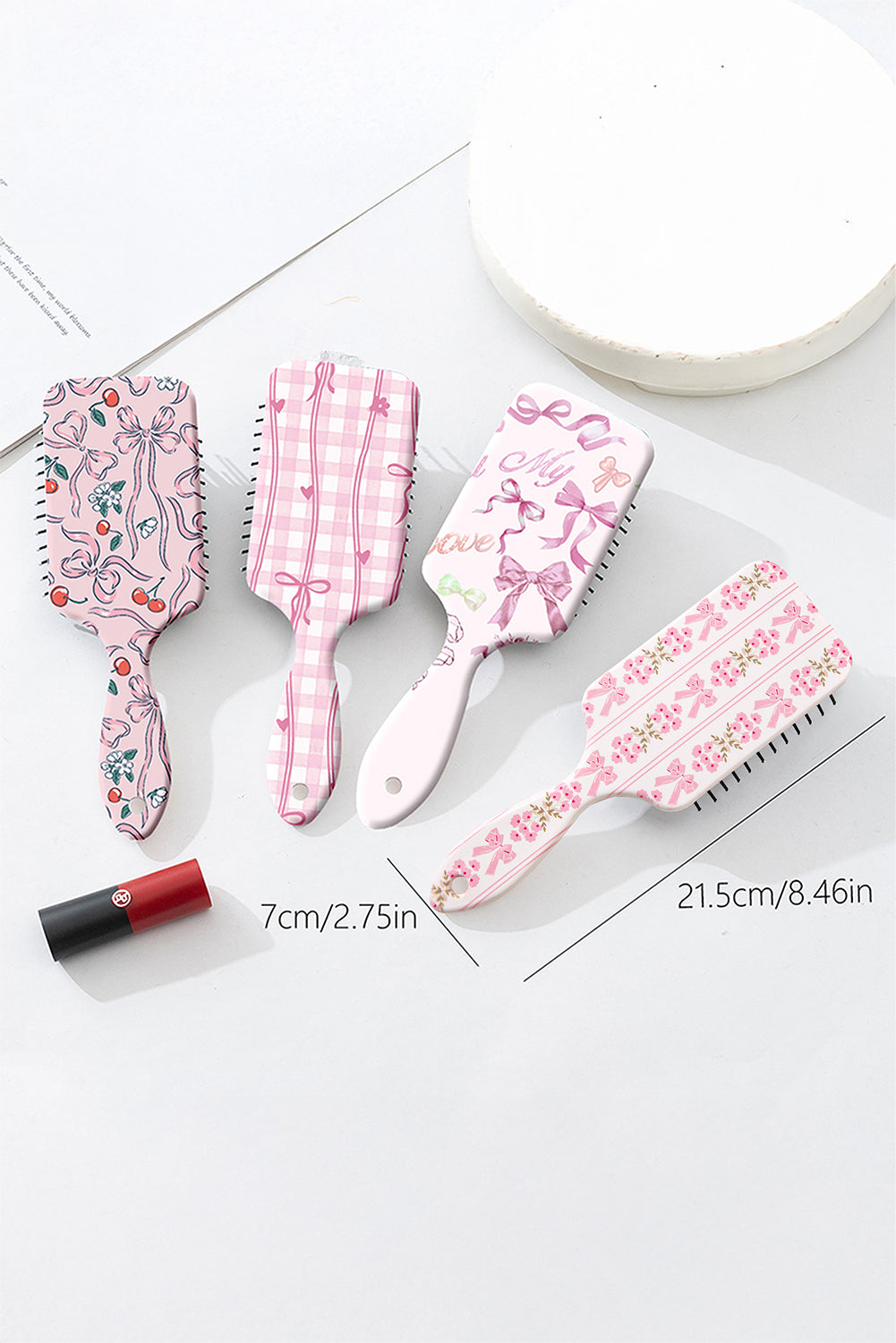 Pink Floral Bow Print Long Handle Air Cushion Comb