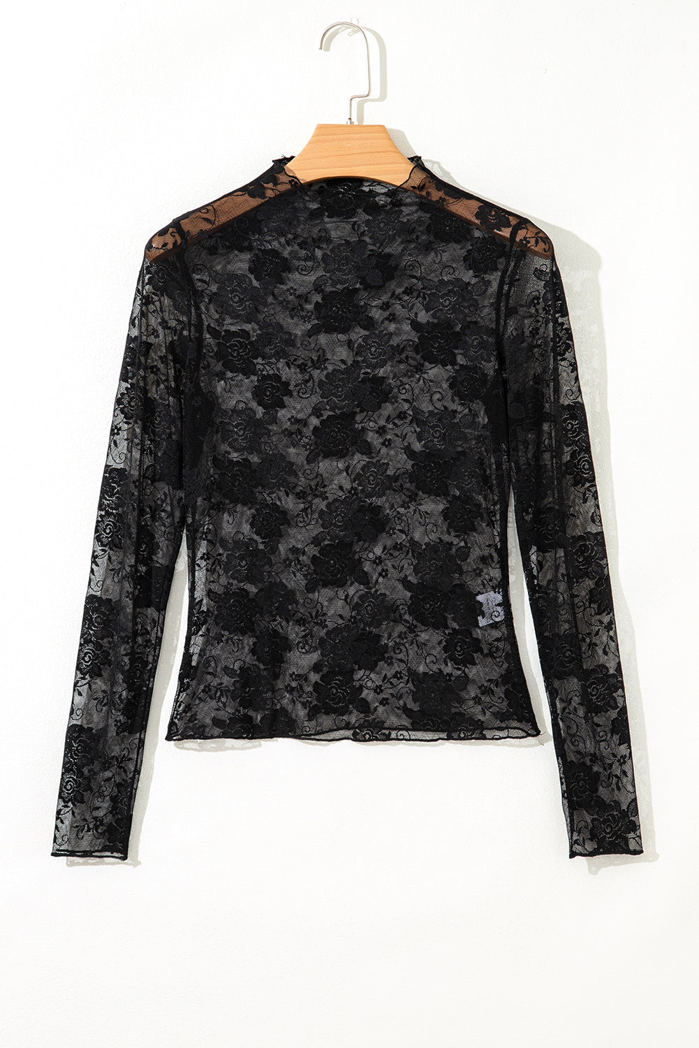 Black Sheer Floral Lace Mesh Mock Neck Long Sleeve Top