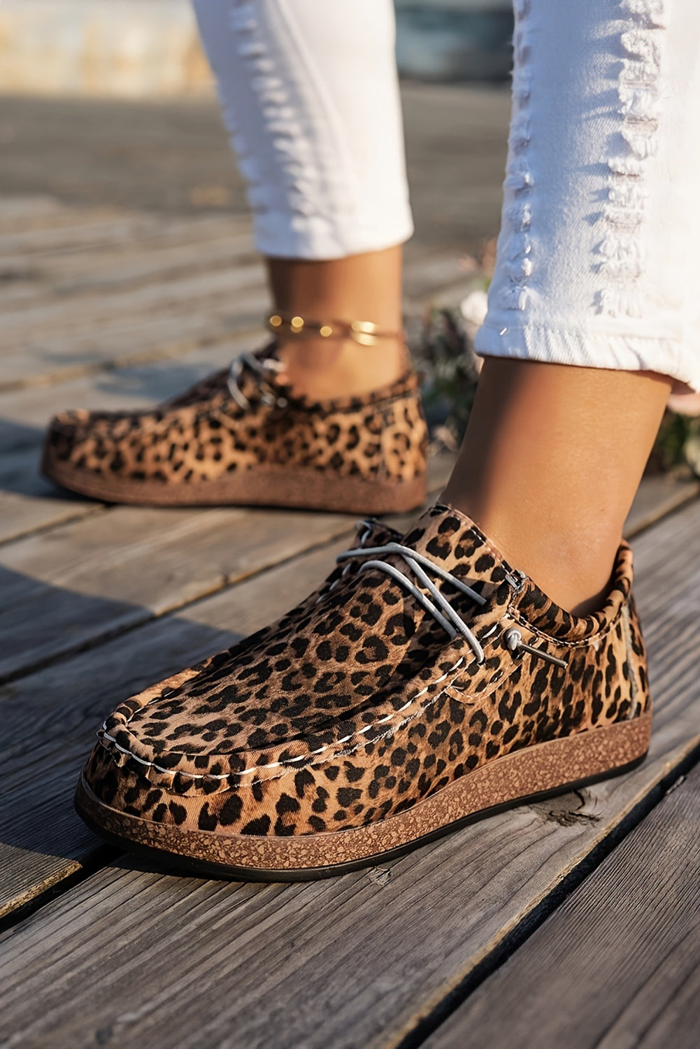 Chestnut Leopard Faux Suede Lace-up Decor Slip On Shoes