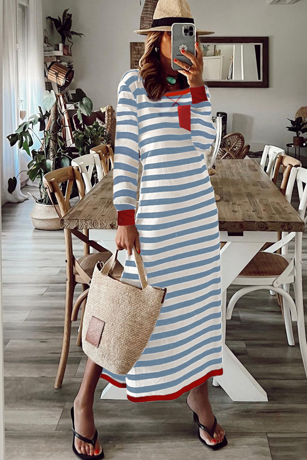 Sky Blue Stripe Striped Print Contrast Edge Long Sleeve Midi Dress with Side Splits
