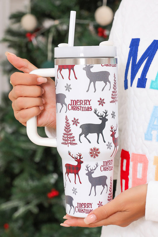 White Merry Christmas Tree Snowflake Elk Print Handle Tumbler