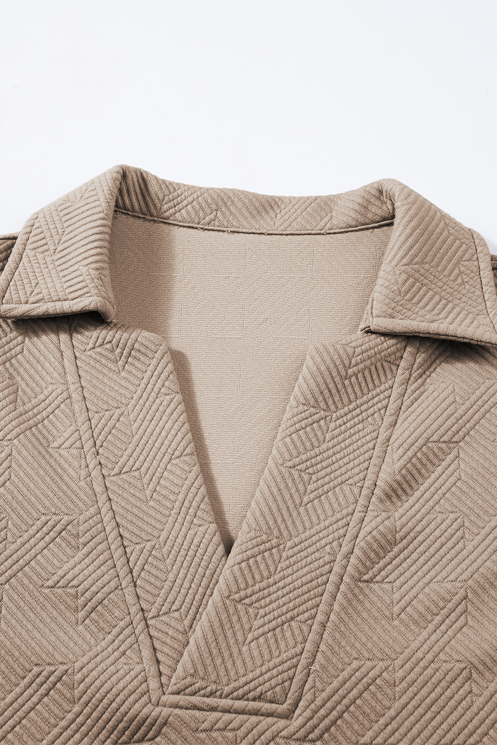 Pale Khaki Textured V Neck Collared Short Sleeve Top