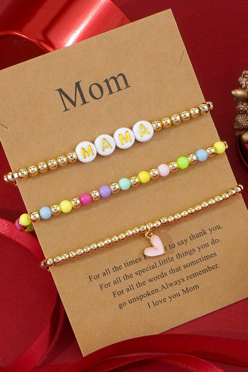 Gold MAMA Heart Beaded Multi Layer Stretch Bracelet