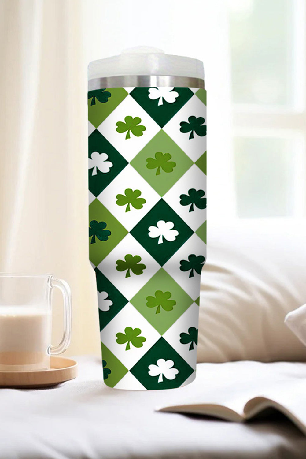 Green Clover Checkered Print Straw Large Tumbler without Handle 40oz