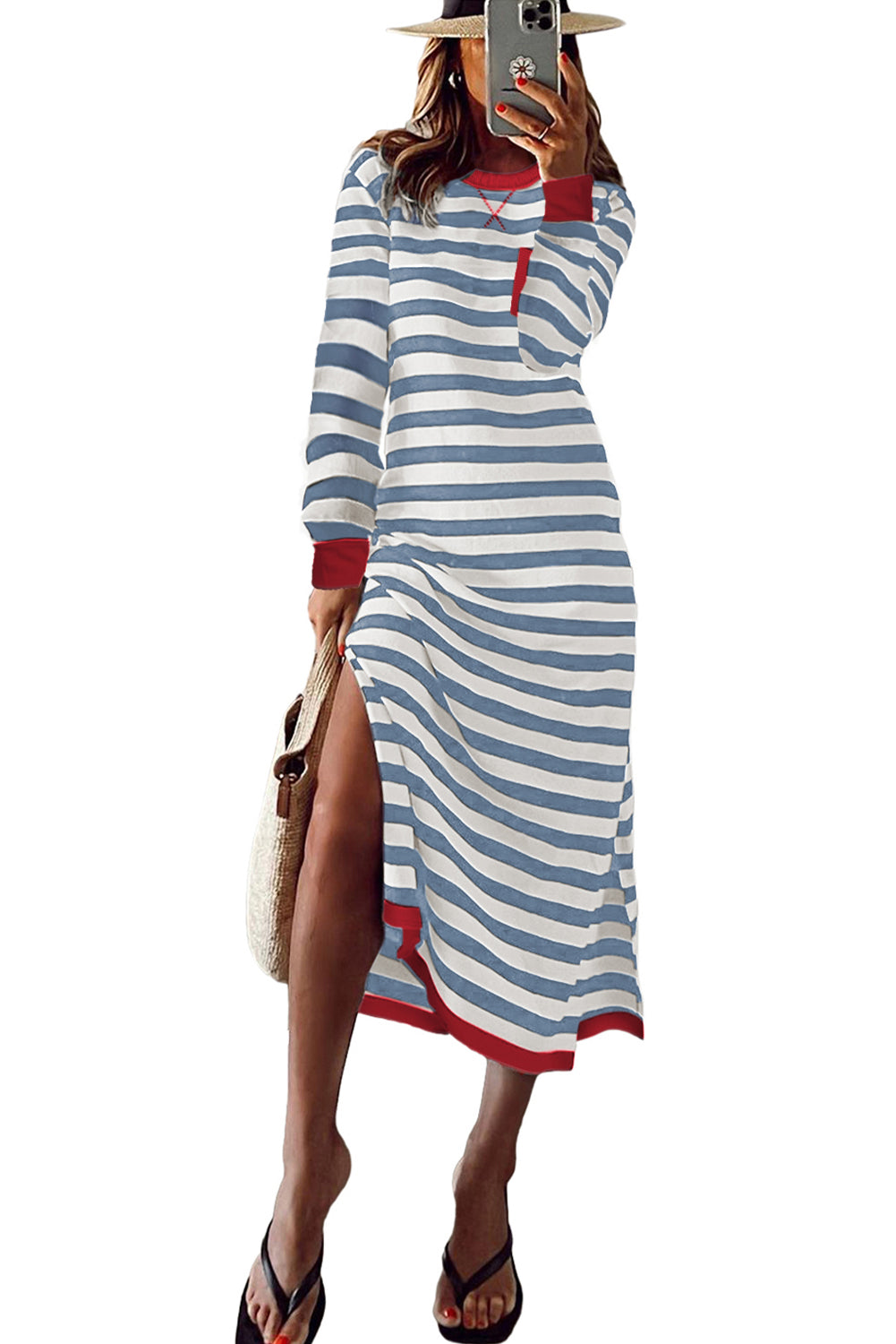 Sky Blue Stripe Striped Print Contrast Edge Long Sleeve Midi Dress with Side Splits