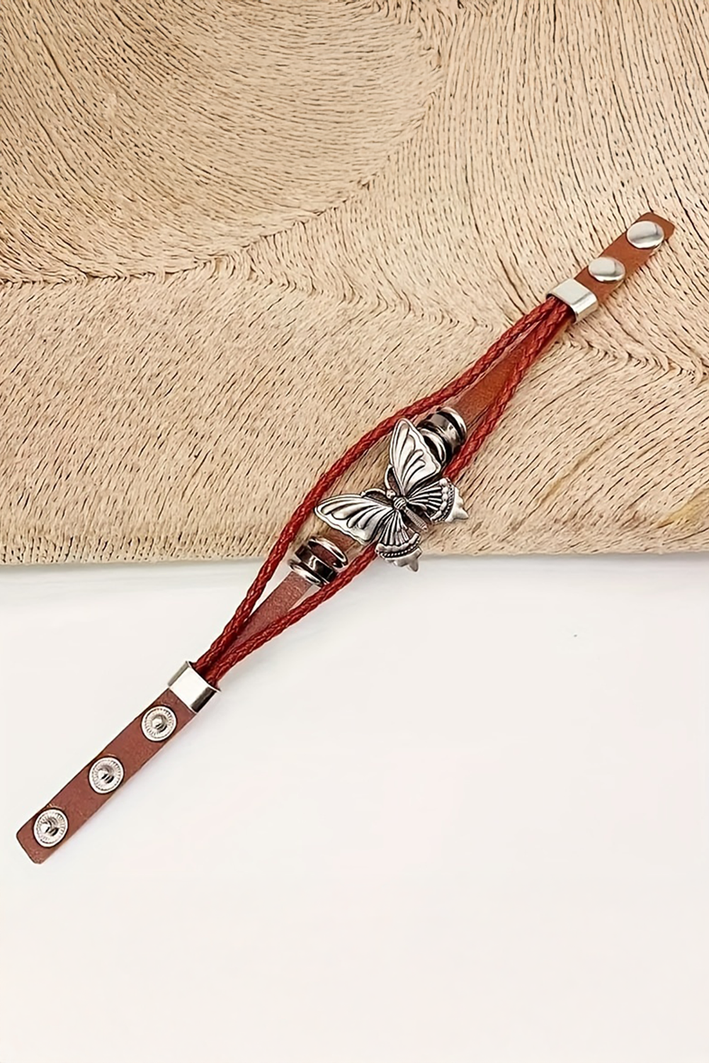 Mineral Red Retro Butterfly Decor Exotic Faux Leather Braided Snap Button Bracelet