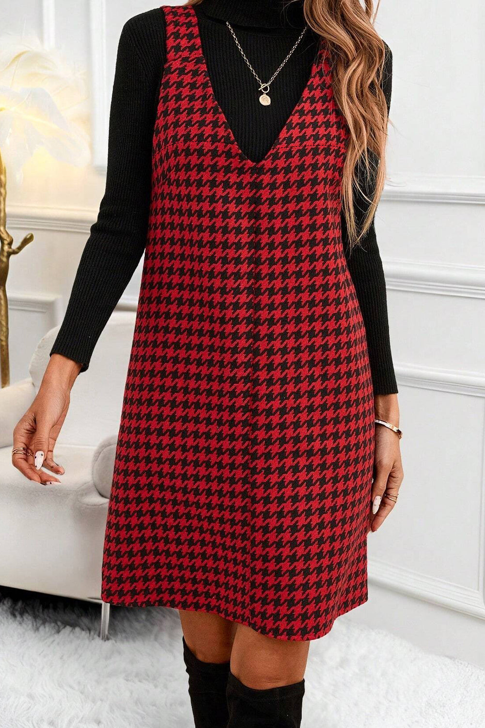 Red Houndstooth Print V Neck Sleeveless Mini Dress