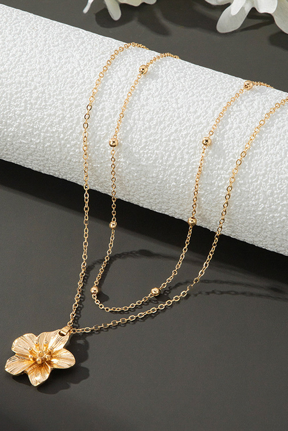 Gold Flower Pendant Beaded Double Chain Plated Necklace