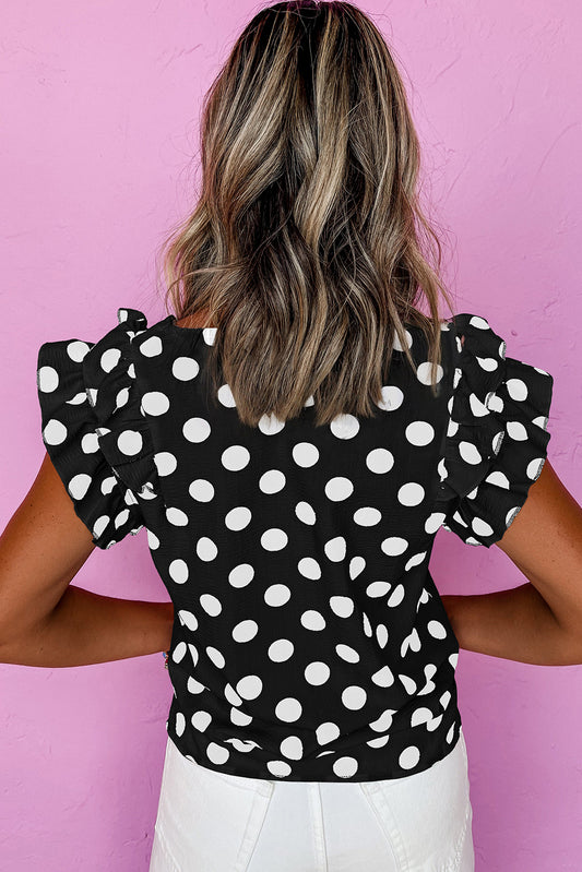 Black Polka Dot Print Ruffled Sleeve V Neck Blouse