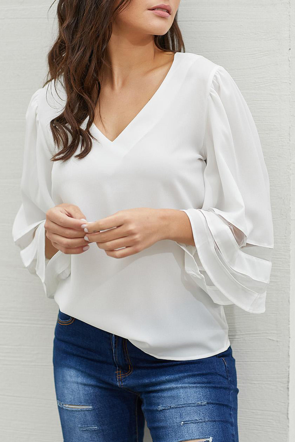 White Flare Sleeve V Neck Loose Blouse