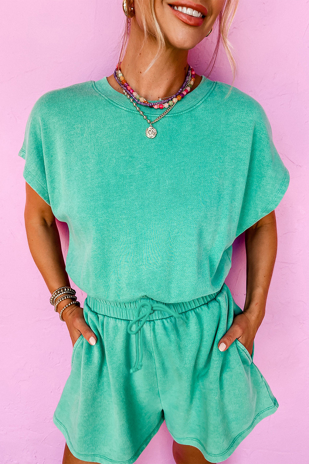Sea Green Mineral Wash Drawstring Elastic Waistband Hollow Out Back Short Sleeve Romper