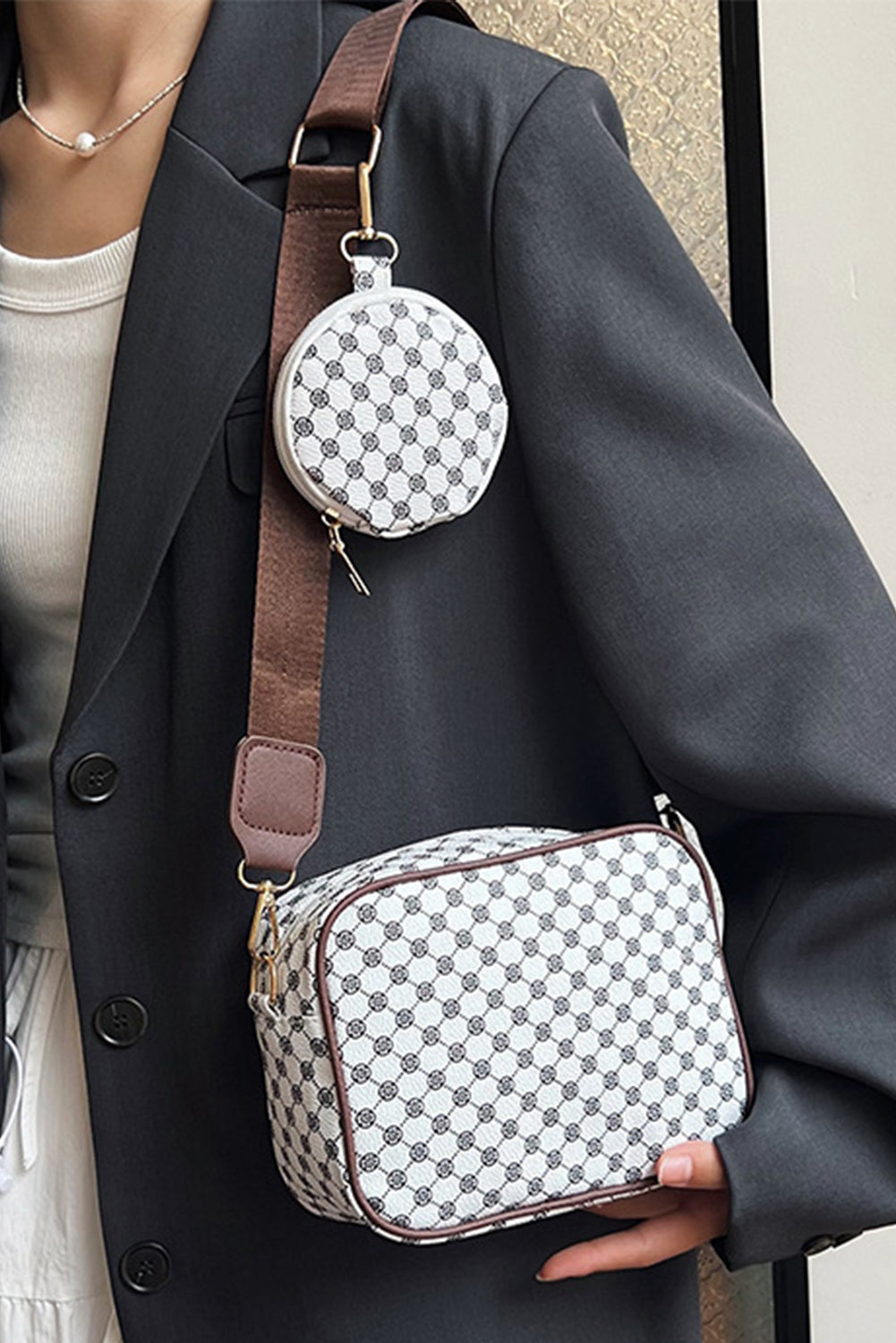 White Checkered Print PU Leather Shoulder Bag with Coin Wallet