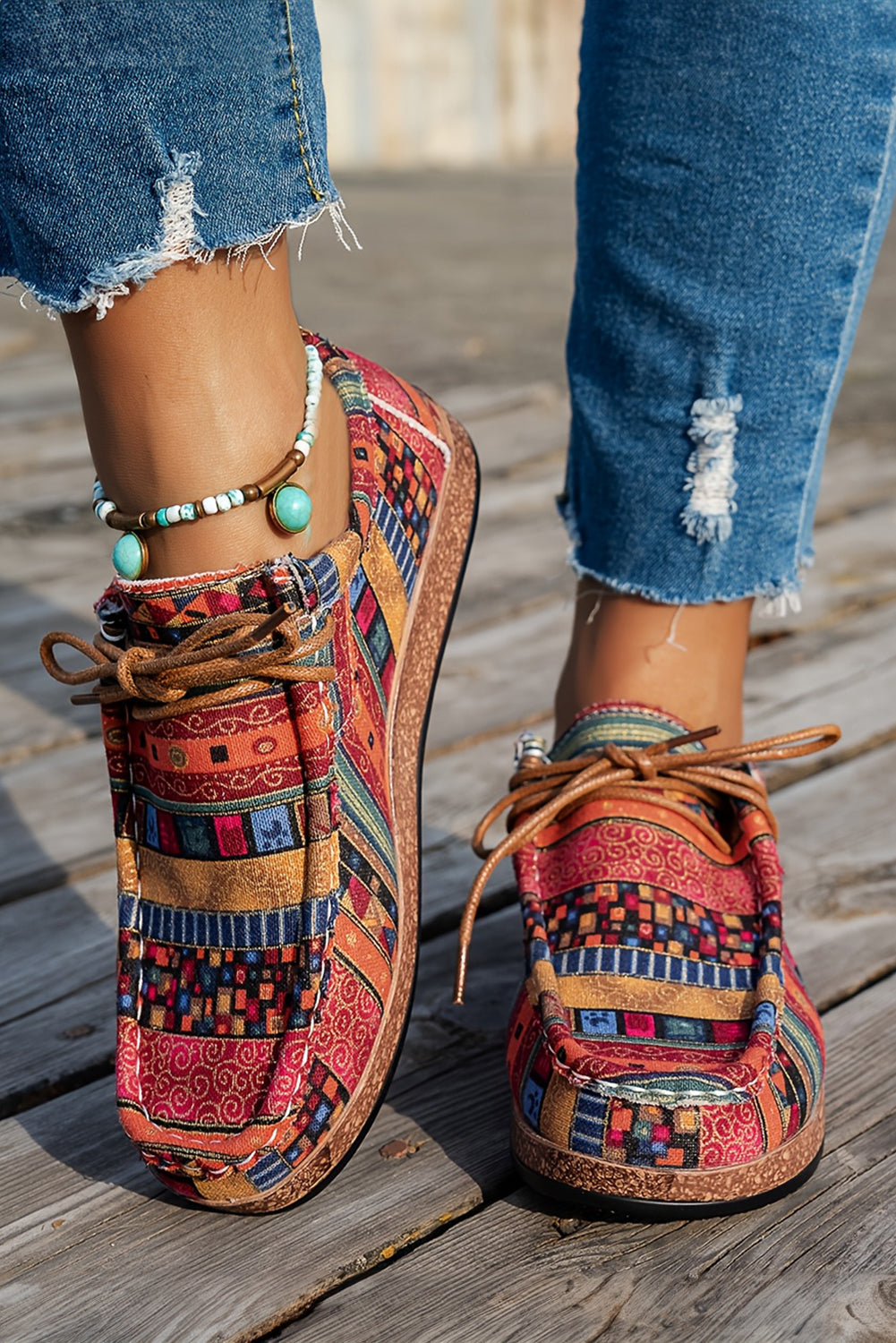 Racing Red Western Print Faux Suede Lace-up Decor Slip On Shoes