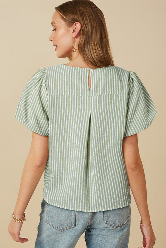 Green Stripe Textured Round Neck Short Puff Sleeve Blouse