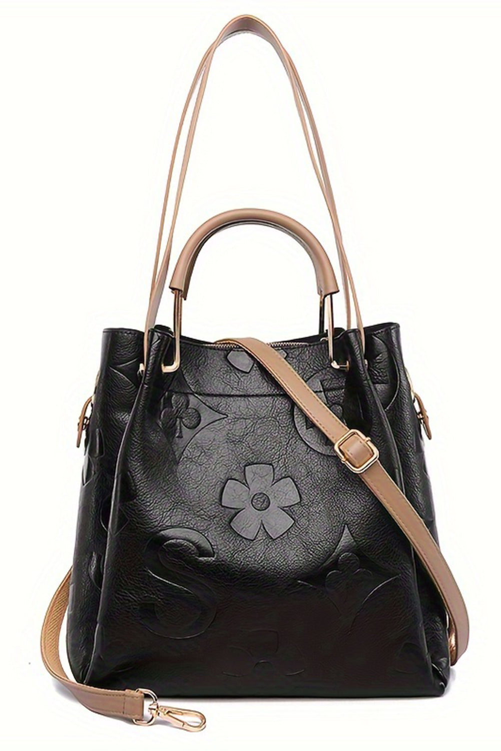 Black Embossed Leather Multi-functional Shoulder Bag with Handle