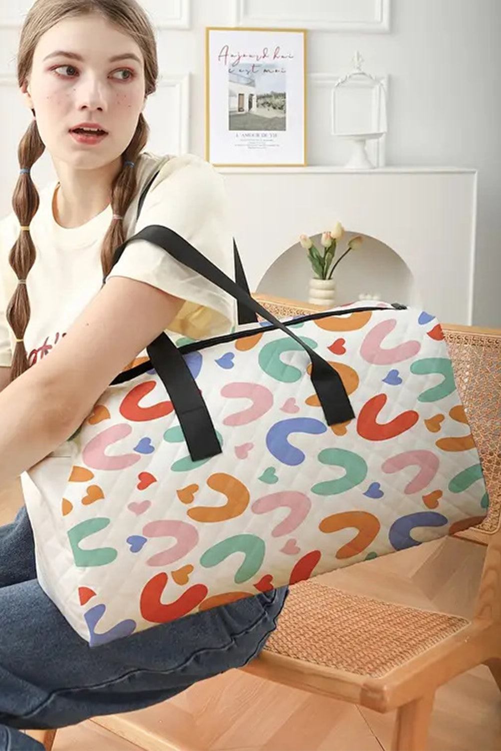 White Heart Shape Print Quilted Zipper Large Duffel Bag