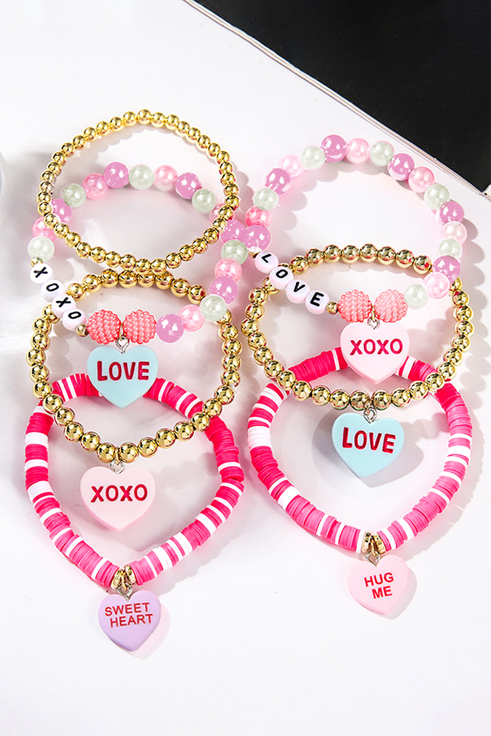 Bonbon Valentine Heart Pendant Beaded Elastic Bracelet Set
