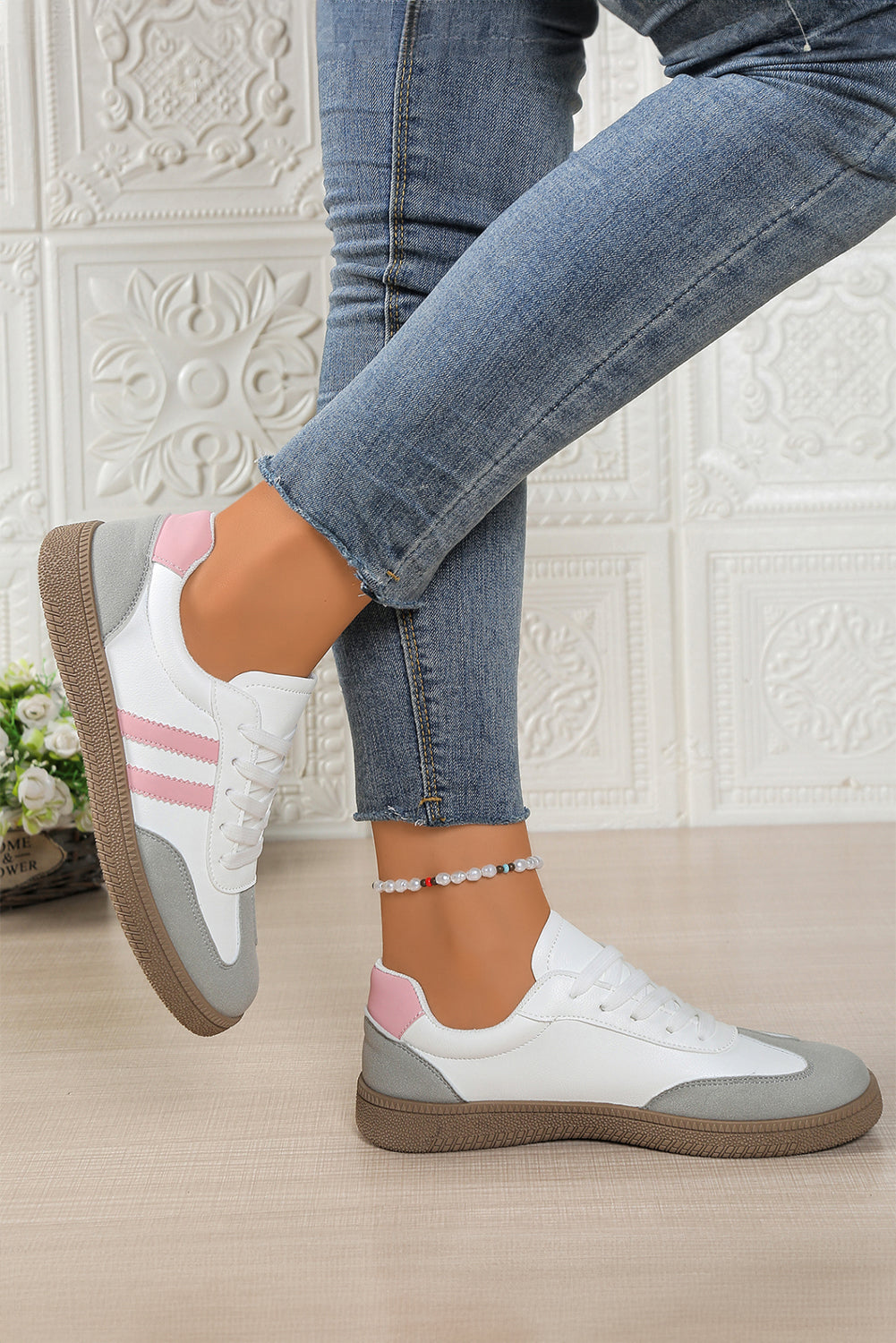 Pink Color Block PU Leather Patchwork Lace Up Flat Shoes