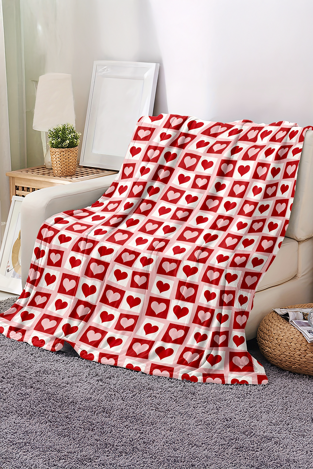 Fiery Red Heart Checkered Print Soft Large Blanket