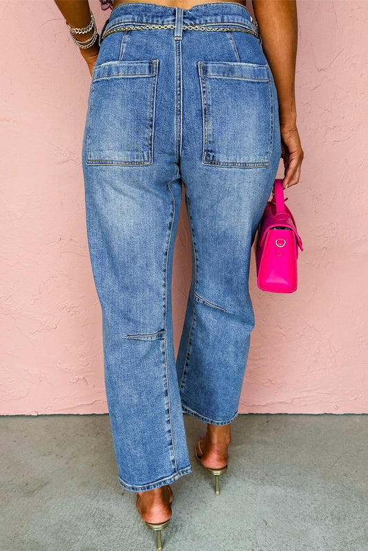 Dusk Blue Seam Detail Ankle Length Cropped BarrelJeans
