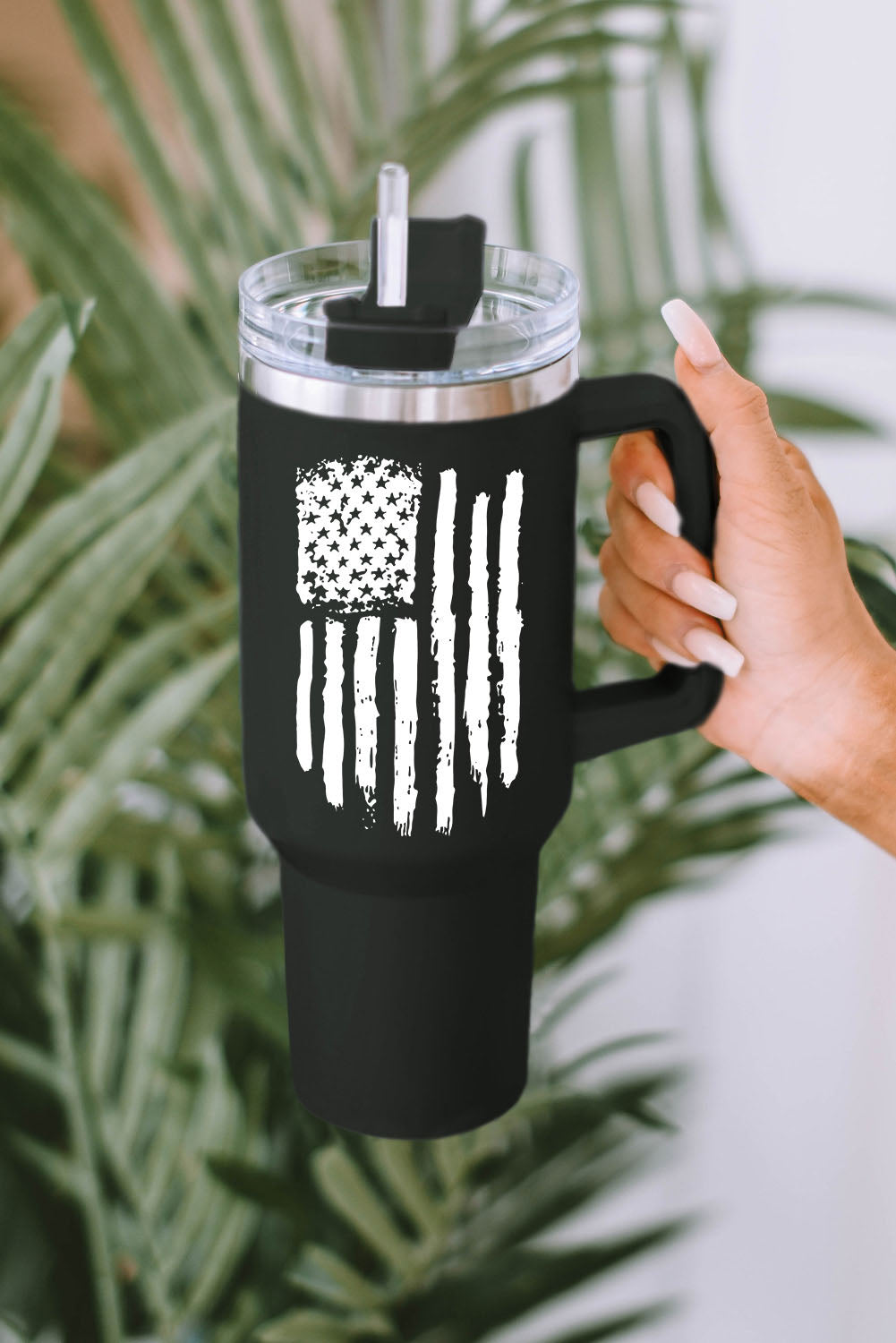 Black American Flag Print Stainless Steel Portable Cup with Handle 40oz